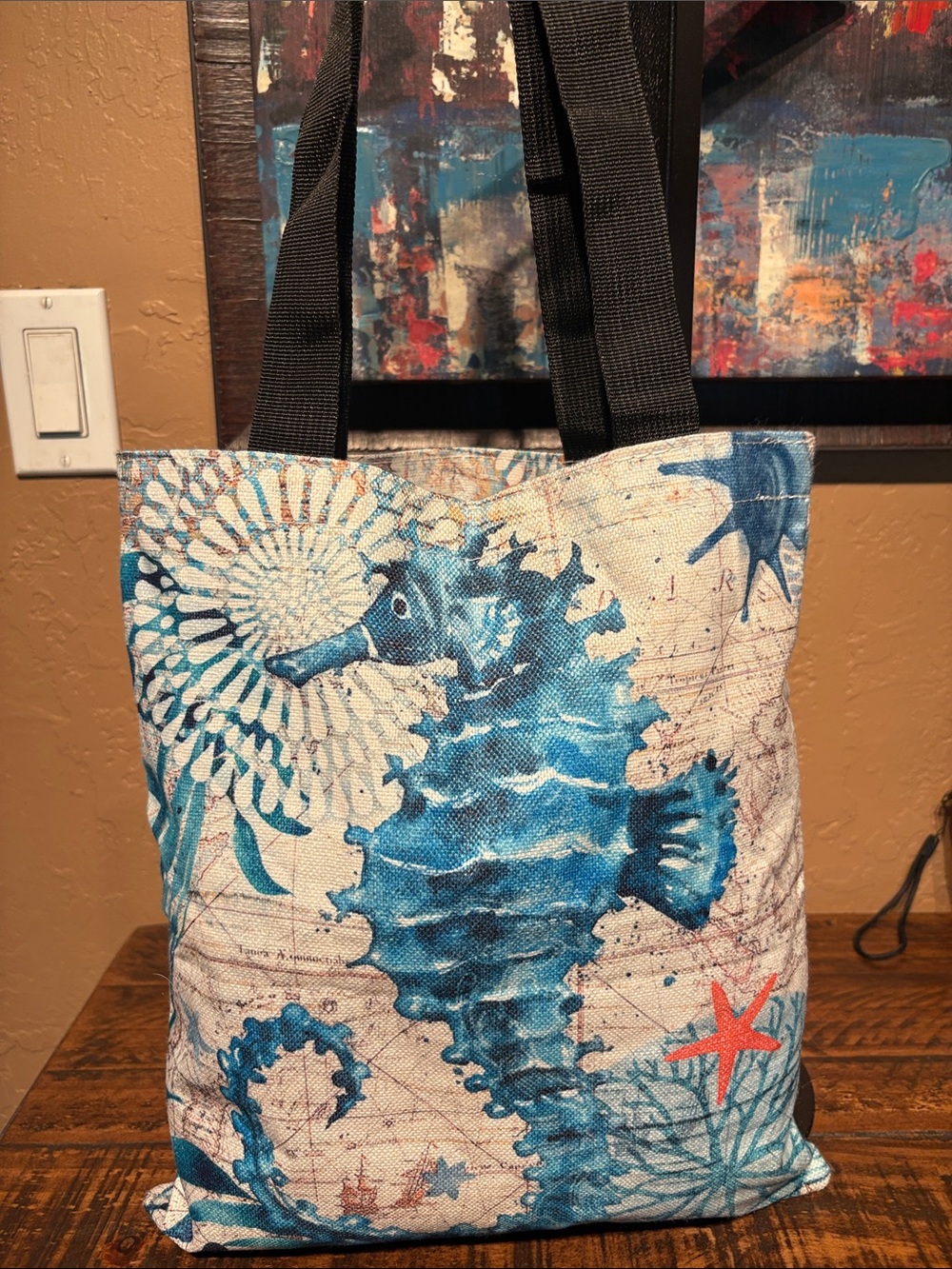 NEW Blue Seahorse Canvas Tote Bag & Clear Cosmetic Bag 6 Piece Bundle - Picture 2 of 10